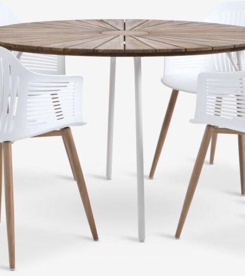 BASTRUP Ø120 Table Acacia/blanc + 4 VANTORE Chaises Blanc